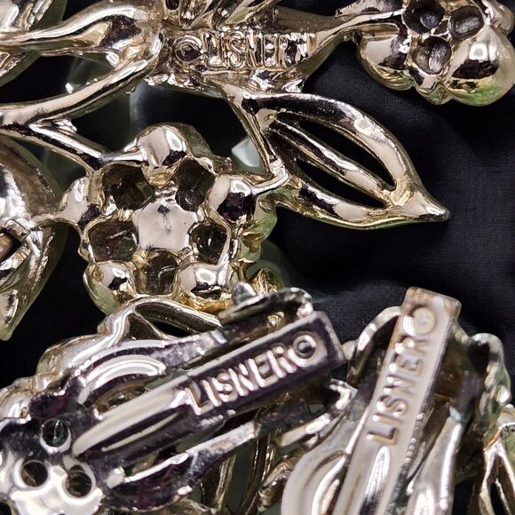 Signed Silver Tone Lisner Brooch & Earring Set Leaf Stemmed Rhinestone Flowers - Picture 8 of 11